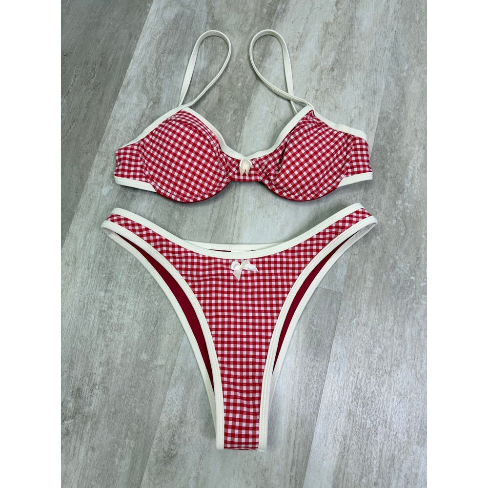 Strawberry Milk Mob Red Gingham Underwire Bikini with White Trim - Picture 2 of 5